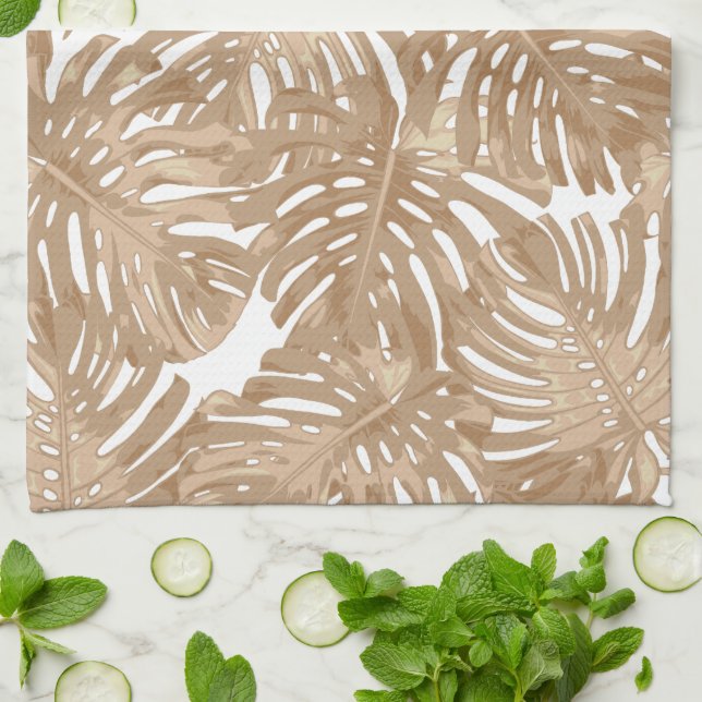 Tropical Boho Brown Jungle Leaves Kitchen Towel (Folded)