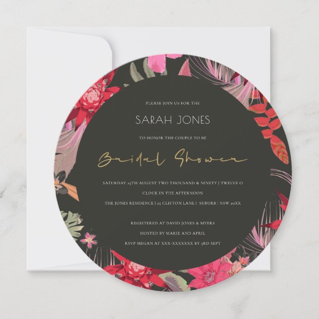 Tropical Boho Dark Floral Bridal Shower Invite (Front)
