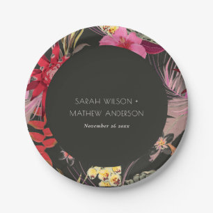 Tropical Boho Dark Lively Red Blush Floral Wedding Paper Plates