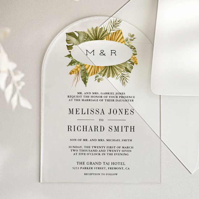Tropical Boho Dried Palm Leaves Wedding Acrylic Invitations (Creator Uploaded)
