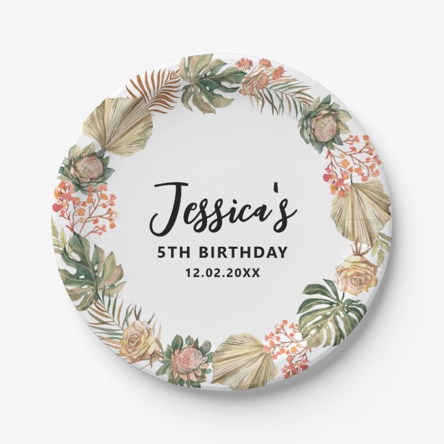 Tropical Boho dried palm leaves Wreath Birthday  Paper Plates (Front)