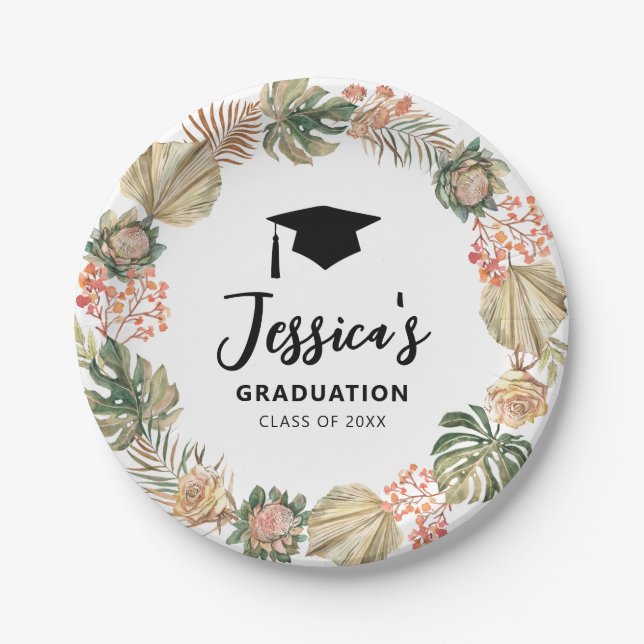 Tropical Boho dried palm leaves Wreath Graduation Paper Plates (Front)