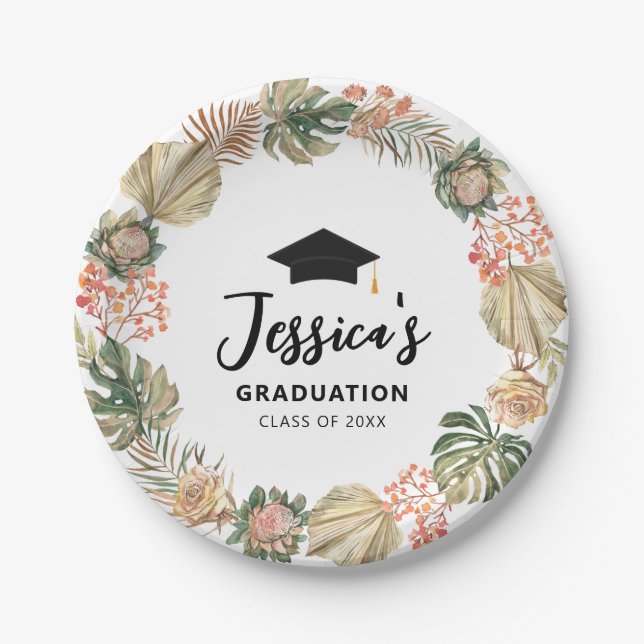 Tropical Boho dried palm leaves Wreath Graduation Paper Plates (Front)