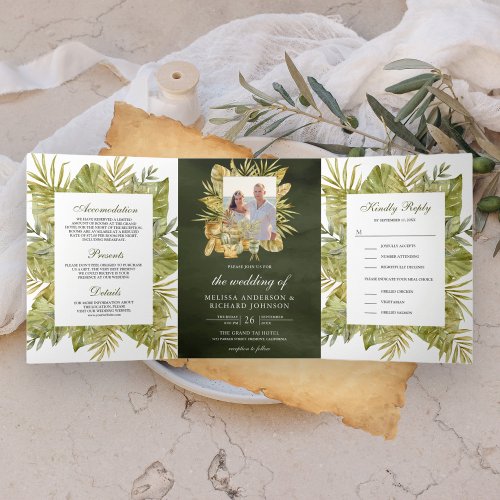 Tropical Boho Dried Palm Olive Green Photo Wedding Tri_Fold Invitation