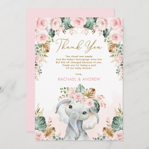 Tropical Boho Elephant Blush Floral Baby Shower Thank You Card