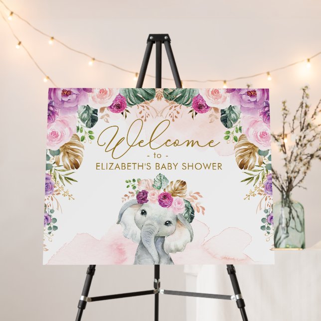 Tropical Boho Elephant Pink Purple Floral Welcome Foam Board (In Situ (Stand))
