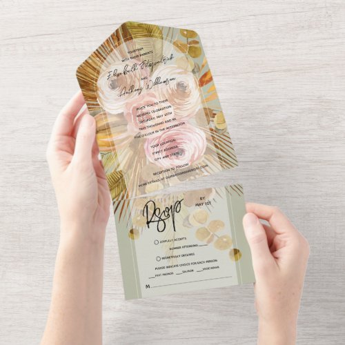 Tropical Boho Floral Arch Sage Green Wedding All In One Invitation