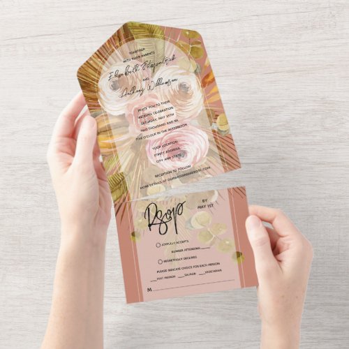 Tropical Boho Floral Arch Terracotta Wedding All In One Invitation