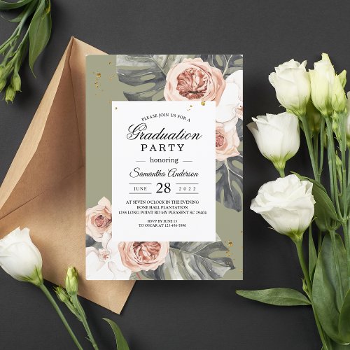 Tropical Boho Floral Khaki Palm Leaf  Orchid Invitation