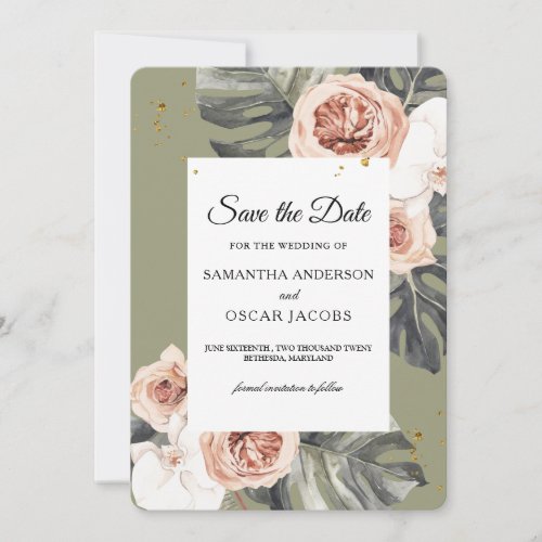 Tropical Boho Floral Khaki Palm Leaf  Orchid Save The Date