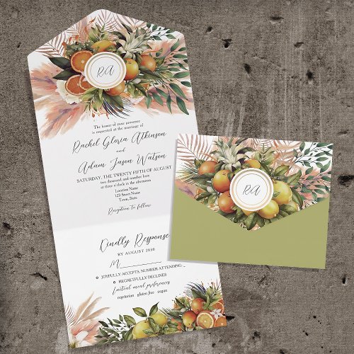 Tropical Boho Lemon Orange Wedding All In One Invitation