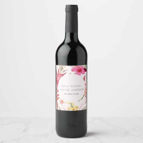 Tropical Boho Lively Red Blush Floral Wedding Wine Label