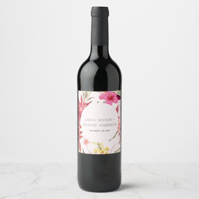 Tropical Boho Lively Red Blush Floral Wedding Wine Label (Front)