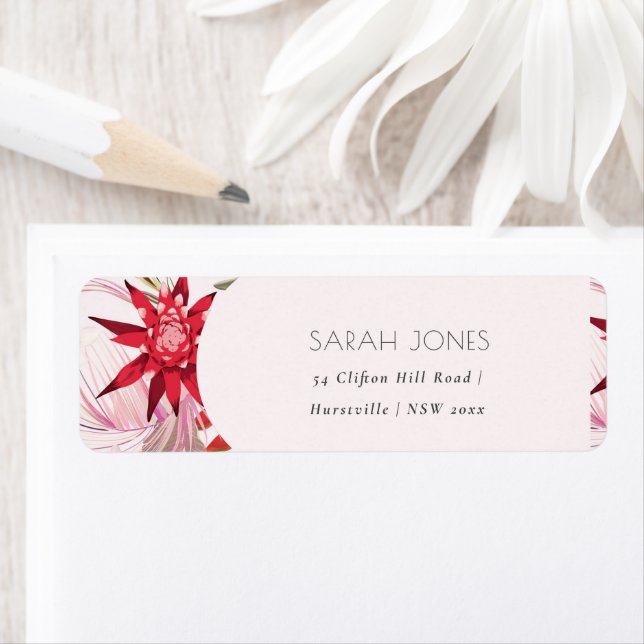Tropical Boho Lively Red Blush Red Floral Address Label (Insitu)