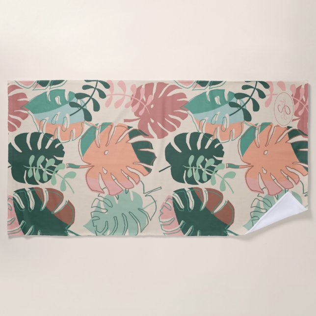 Tropical Boho Monstera Monogrammed Beach Towel (Front)