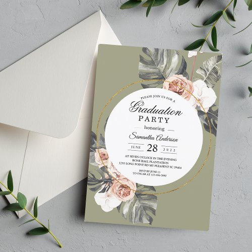 Tropical Boho Palm Leaf  Flower Frame Olive Green Invitation