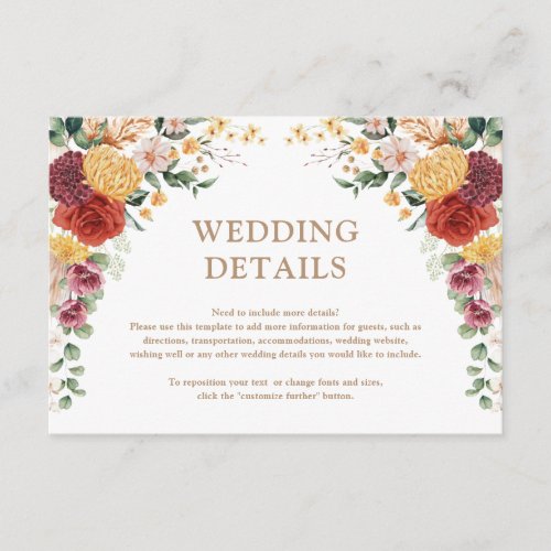 Tropical Boho Pampas Flower Garden Wedding Details Enclosure Card