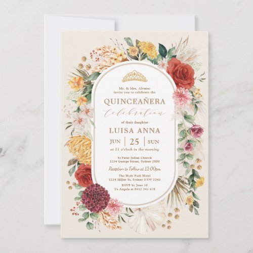 Tropical Boho Pampas Flower Quinceaera Birthday Invitation