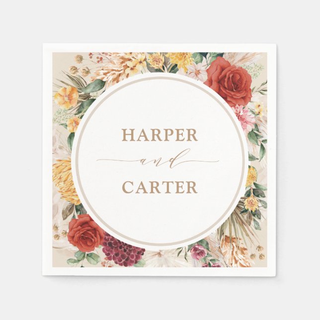 Tropical Boho Pampas Grass Flower Wedding Napkins (Front)