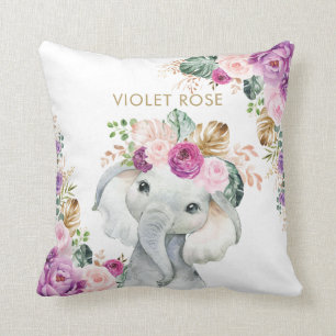 Tropical Boho Purple Blush Floral Elephant Throw Pillow