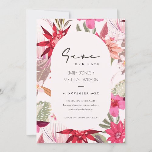Tropical Boho Red Blush flora Save The Date Invite