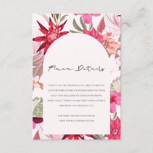 Tropical Boho Red Blush floral Wedding Details Enclosure Card