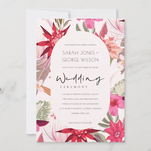 Tropical Boho Red Blush Floral Wedding Invite (Front)