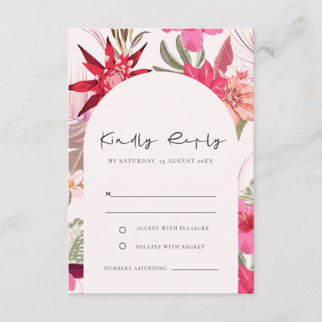 Tropical Boho Red Blush floral Wedding RSVP Enclosure Card (Front)