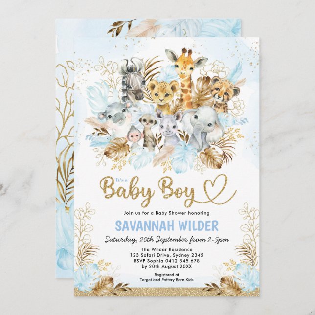 Tropical Boho Safari Baby Boy Blue Gold Shower Invitation (Front/Back)
