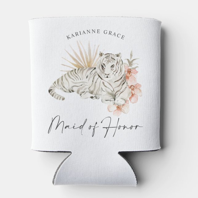 Tropical Boho Tigers Bachelorette Maid of Honor Can Cooler (Back)
