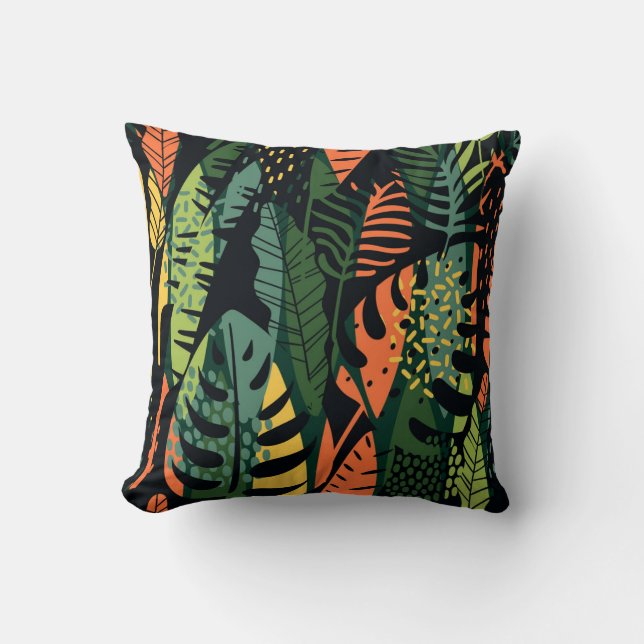 Tropical Boho Tropical Beach Floral Green Orange Throw Pillow (Front)