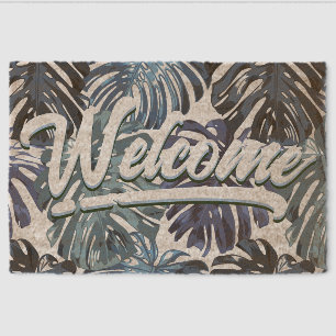 Tropical Boho Welcome Blue Jungle Leaves Coir Fiber Doormat