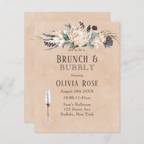 Tropical Boho White Protea Brunch  Bubbly Invitation