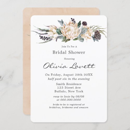 Tropical Boho White Protea Floral Bridal Shower In Invitation