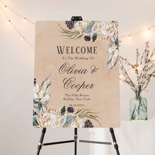 Tropical Boho White Protea Floral Wedding Foam Board (In Situ (Stand))