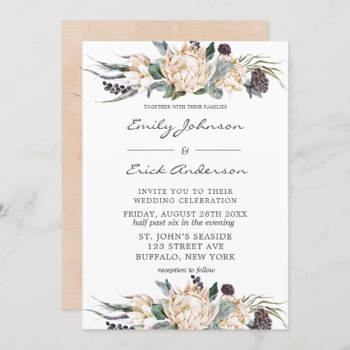 Tropical Boho White Protea Floral Wedding Invitati Invitation