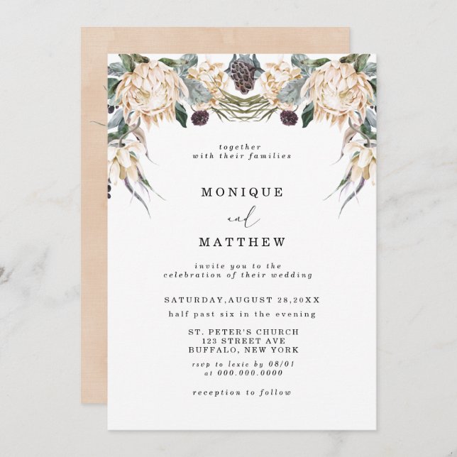 Tropical Boho White Protea Floral Wedding Invitation (Front/Back)