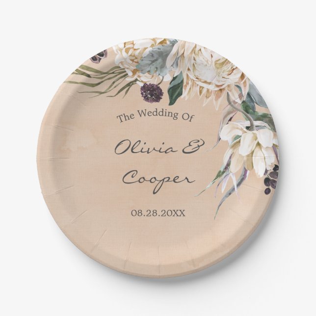 Tropical Boho White Protea Floral Wedding Paper Plates (Front)