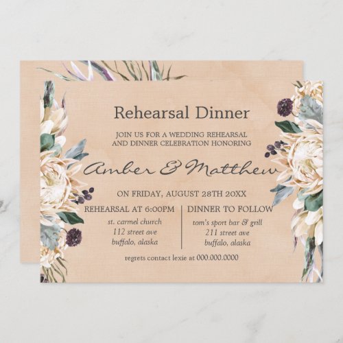 Tropical Boho White Protea Rehearsal Dinner Invitation