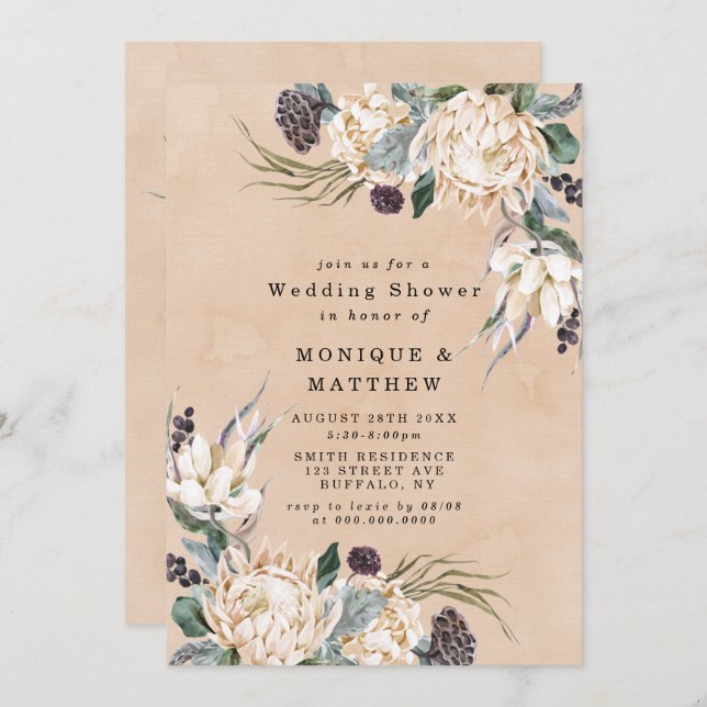 Tropical Boho White Protea Wedding Shower Invites (Front/Back)