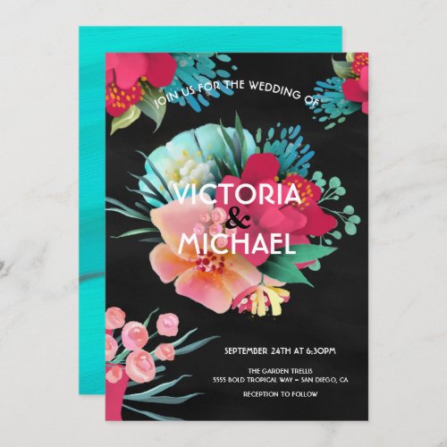 Tropical bold  bright floral wedding invitation