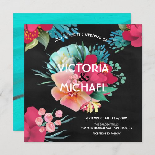 Tropical bold  bright floral wedding invitation