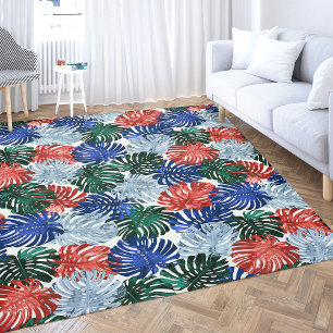 Tropical Bold Green Blue Jungle Leaves Rug