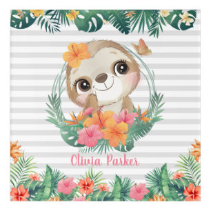 Tropical Borders Hibiscus Flowers Sloth Custom Acrylic Print