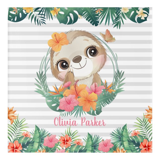 Tropical Borders Hibiscus Flowers Sloth Custom Acrylic Print (Front)