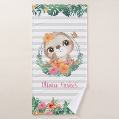 Tropical Borders Hibiscus Flowers Sloth Custom Bath Towel