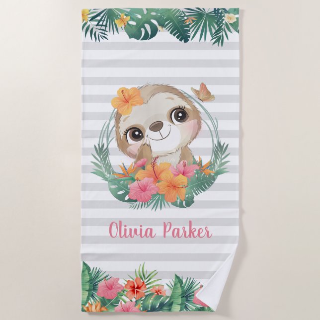 Tropical Borders Hibiscus Flowers Sloth Custom Beach Towel (Front)