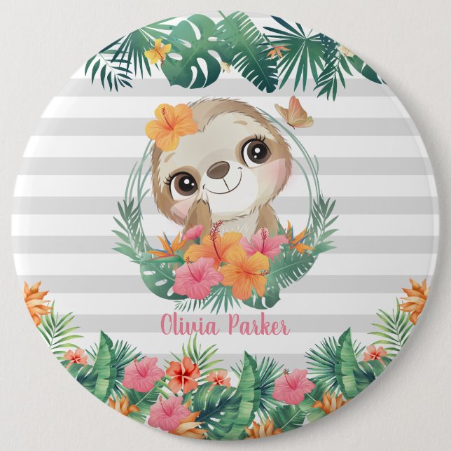 Tropical Borders Hibiscus Flowers Sloth Custom Button (Front)