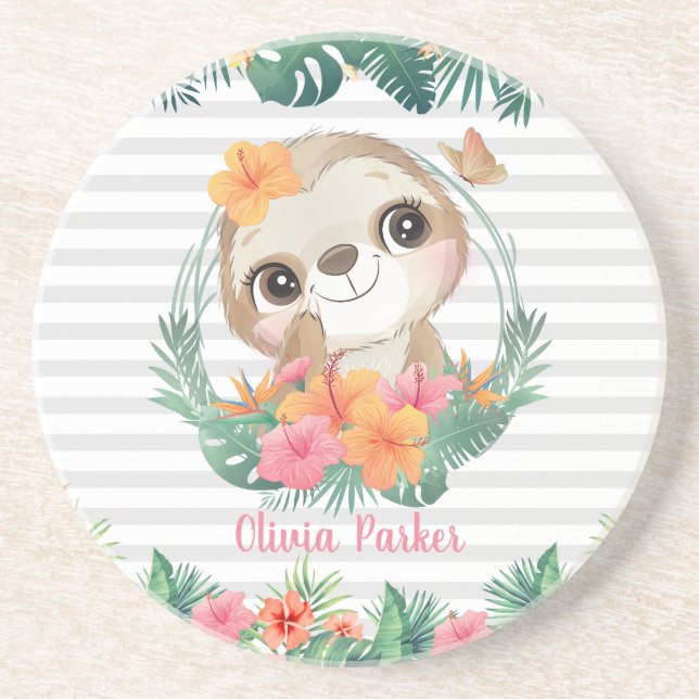 Tropical Borders Hibiscus Flowers Sloth Custom Coaster (Front)