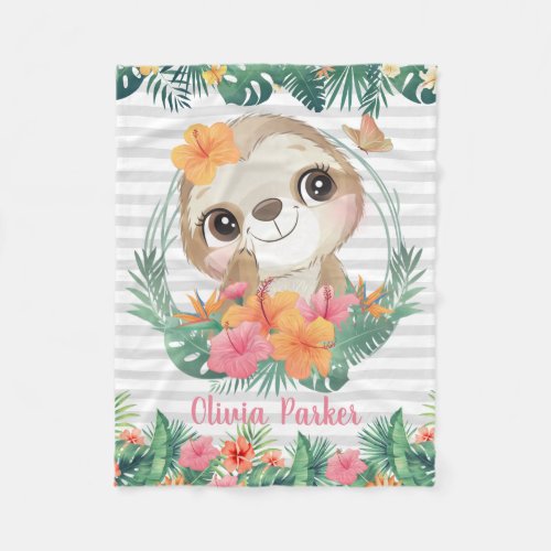 Tropical Borders Hibiscus Flowers Sloth Custom Fleece Blanket